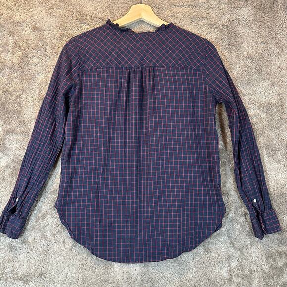 J. Crew Blue Red Windowpane Cotton Poplin Pintuck Popover Blouse Top Shirt 0 XS - Picture 6 of 9